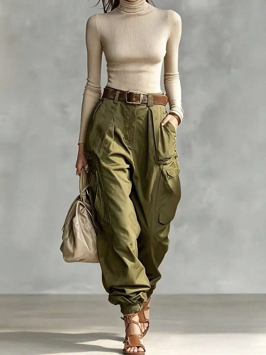 Women's Autumn/Winter Fashion Casual Woven Fabric Cargo Long Wide Leg Pants, With Pockets, Non-Stretch - Olive Green - View 1