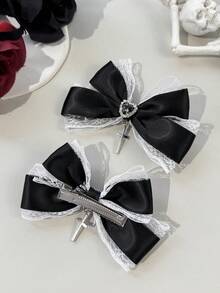 2pcs Gothic Style Lace Ribbon Dark Color Heart Cross Hair Accessories, Suitable For Holiday Outfits And Daily Wear For Gothic Enthusiasts,Clips For Hair,Claw Clips - Black - View 3