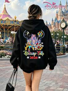 Disney Women's Loose-Fitting Hooded Sweatshirt With Castle And Mickey Mouse Family Print Design On The Front And Back. 2026 Travel-Themed Style, Casual, Comfortable, And Versatile, Suitable For Amusement Parks And Outings. - 黑色 - 查看 3