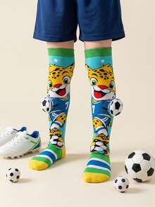 1 Pair Kids Calf Socks With Cartoon Leopard & 3D Football Decor, Casual Sports Socks For Daily, Holiday Wear, Suitable For Children Aged 3-12, All Season Gift - Baby Blue - View 8