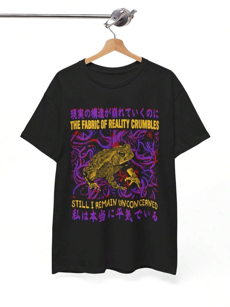 Unique And Fun Frog Print T-Shirt, Personalized And Fashionable Everyday Wear, Simple And Durable, Casual And Versatile Short Sleeve T-Shirt, Women's Shirts, Women's Sweatshirts, Sweater, Casual Blouse, Summer Women's Graduation Dresses - 黑色 - 查看 1