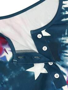 Plus Size T-shirt med amerikansk flagga och tie-dye-tryck för Independence Day, rund hals, korta ärmar, knappar fram, casual vardagsplagg för vår, sommar och semester - blågrön - Visa 7