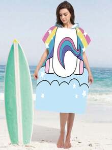 1pc Rainbow Unicorn & Blue Polka Dot Kitten Print Polyester Hooded Poncho, Oversized Beach Towel - Vibrant Unicorn Design, Beach Wrap, Soft & Durable Polyester Robe, Suitable For Swimming, Travel And Beach Vacation, Unisex Bathrobe, Beach Towel, Women Robe, Travel Decor, Casual Decor - Multicolor - View 23