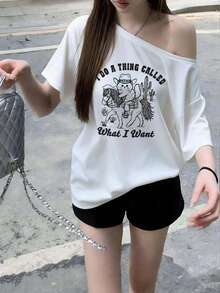 女款休閒極簡露肩浪漫海灘街頭 Y2K 性感女士上衣 T-shirt，春夏白色 - 白色 - 查看 1