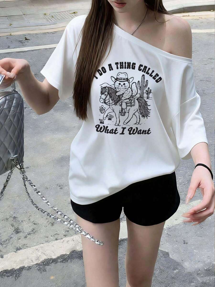女款休閒極簡露肩浪漫海灘街頭 Y2K 性感女士上衣 T-shirt,春夏白色 - 白色 - 查看 1