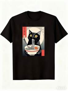 Men's Vintage Japanese T-Shirt With Cat Eating Ramen Design - Black Short-Sleeved Crew Neck T-Shirt With A Cat Eating Ramen Design, Suitable For All Seasons, A Casual T-Shirt For Anime Enthusiasts And Pet Lovers (Machine Washable) - Everyday Urban Style, Vintage Design, Comfortable And Fashionable, High-Quality Print, Modern Urban Style. - 灰色 - 查看 12