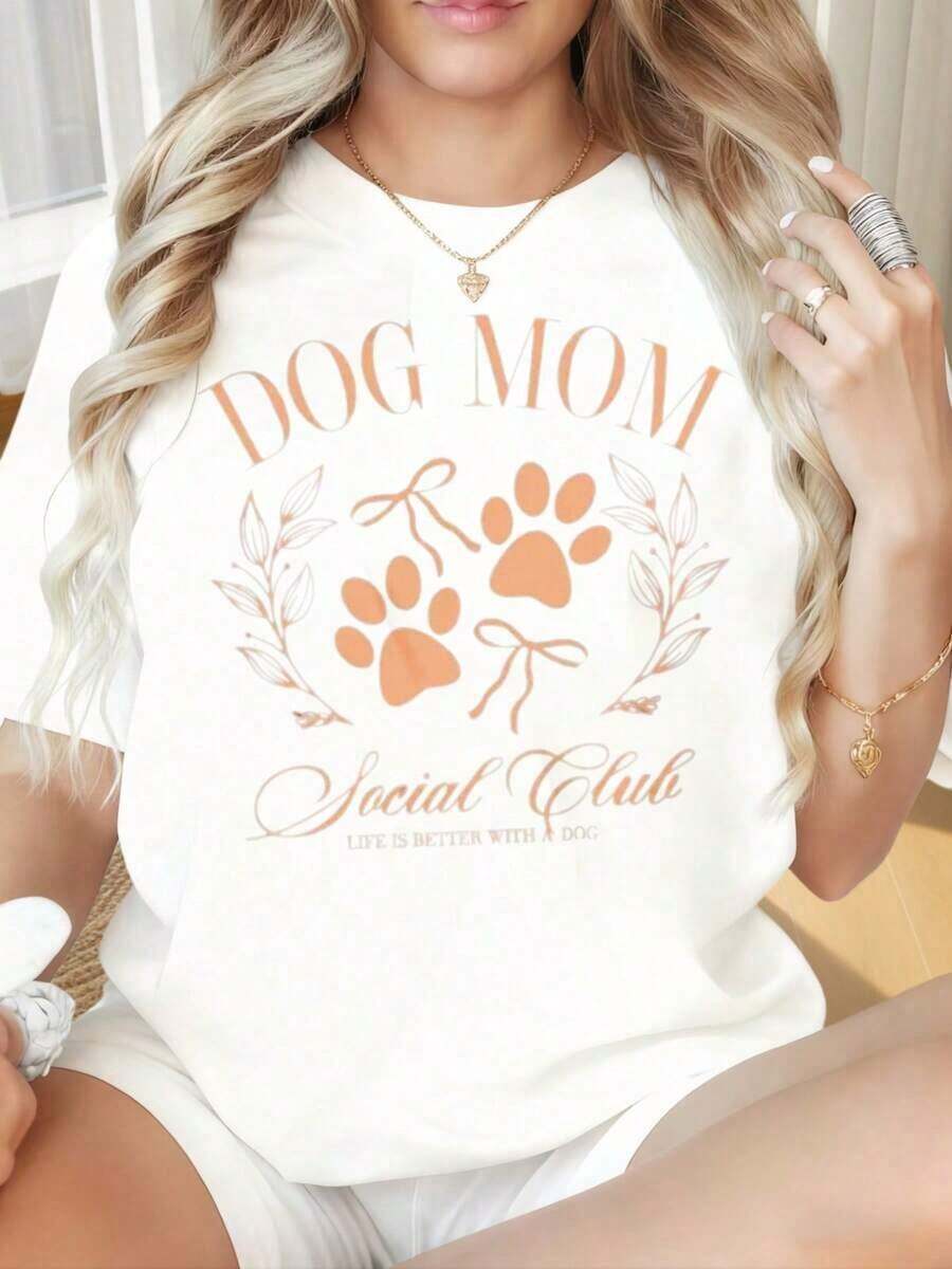 Women's Round Neck Short Sleeve T-Shirt With Fun "Dog Mom Social Club Life Is Better With A Dog" Print, Cute Paw Print Pet Lover T-Shirt, Casual Summer Shirt, Suitable For Valentine's Day, Christmas, Parties, Sports Activities, Holiday Parties, Outings, Sports And Other Festive Gifts. Soft - 白色 - 查看 1