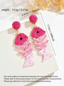 OOQ 1 Pair Summer Vacation Style Animal Fish Shaped Raffia Earrings, Creative Design, Fashion Versatile Charming Colorful Personalized, Suitable For Beach, Party, Date, Daily Wear - Pink - View 5