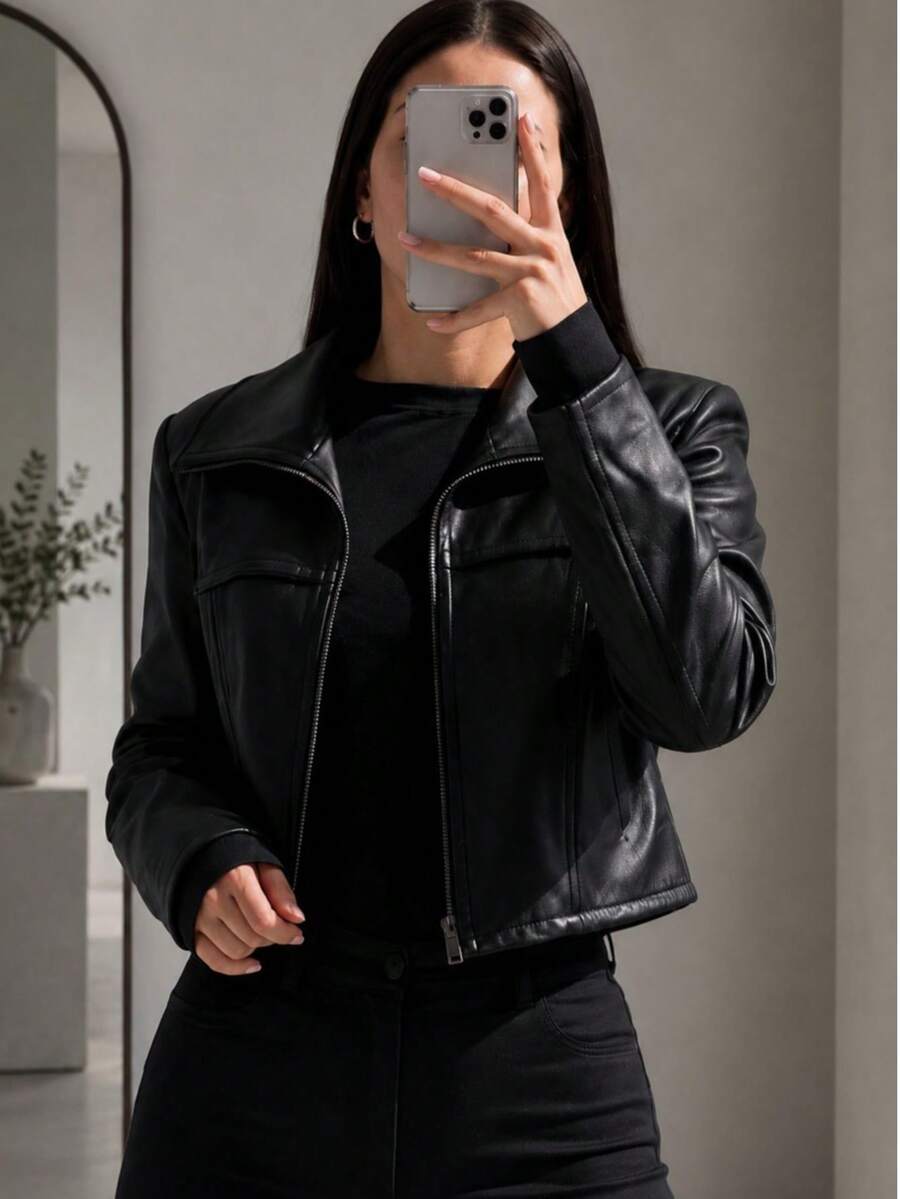 Women's Black Leather Short Jacket, Regular Fit, Women's Blouse For Valentine's Day, Autumn And Winter - màu đen - Xem 1