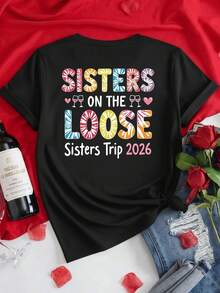 Short-Sleeved T-Shirt, 100% Cotton Front And Back -  Print: Sister Trip, Sisterly Love - Women's T-Shirt With A Modern Print For Spring And Summer, A Fashionable Item That Can Be Worn Year-Round. Suitable For Layering In Spring And Autumn, And On Its Own In Summer. Neutral Style,  City Boy-Style Top In Thick Cotton. - 黑色 - 查看 3