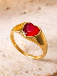 1pc Fashionable Luxury Red Heart-Shaped Cat Eye Stone Inlaid Stainless Steel Cast Ring, Suitable For Women's Daily Or Party Wear - Red - View 8