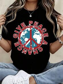 "Give Peace A Chance" T-Shirt With Earth Peace Symbol Print, Casual Sportswear - Urban Vintage Style, Unisex, Cotton, Short Sleeve, Round Neck, 100% Cotton. - 黑色 - 查看 6