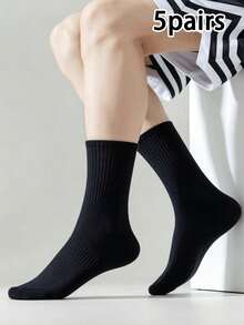 1/5/10 Pairs Unisex Black & White Solid Mid-Calf Socks, Fashionable Soft Breathable, Moisture-Wicking, Suitable For Daily Wear, Sports, All Seasons - Black and White - View 8