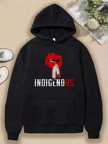 Compatible With 1 Men's Heavyweight Hoodie - Indigenous Inspired Graphic Print With Feather Design, Black With Red And White Lettering, Front Pocket, Regular Fit, Casual Outdoor Sweatshirt_089 - 黑色19 - 查看 1