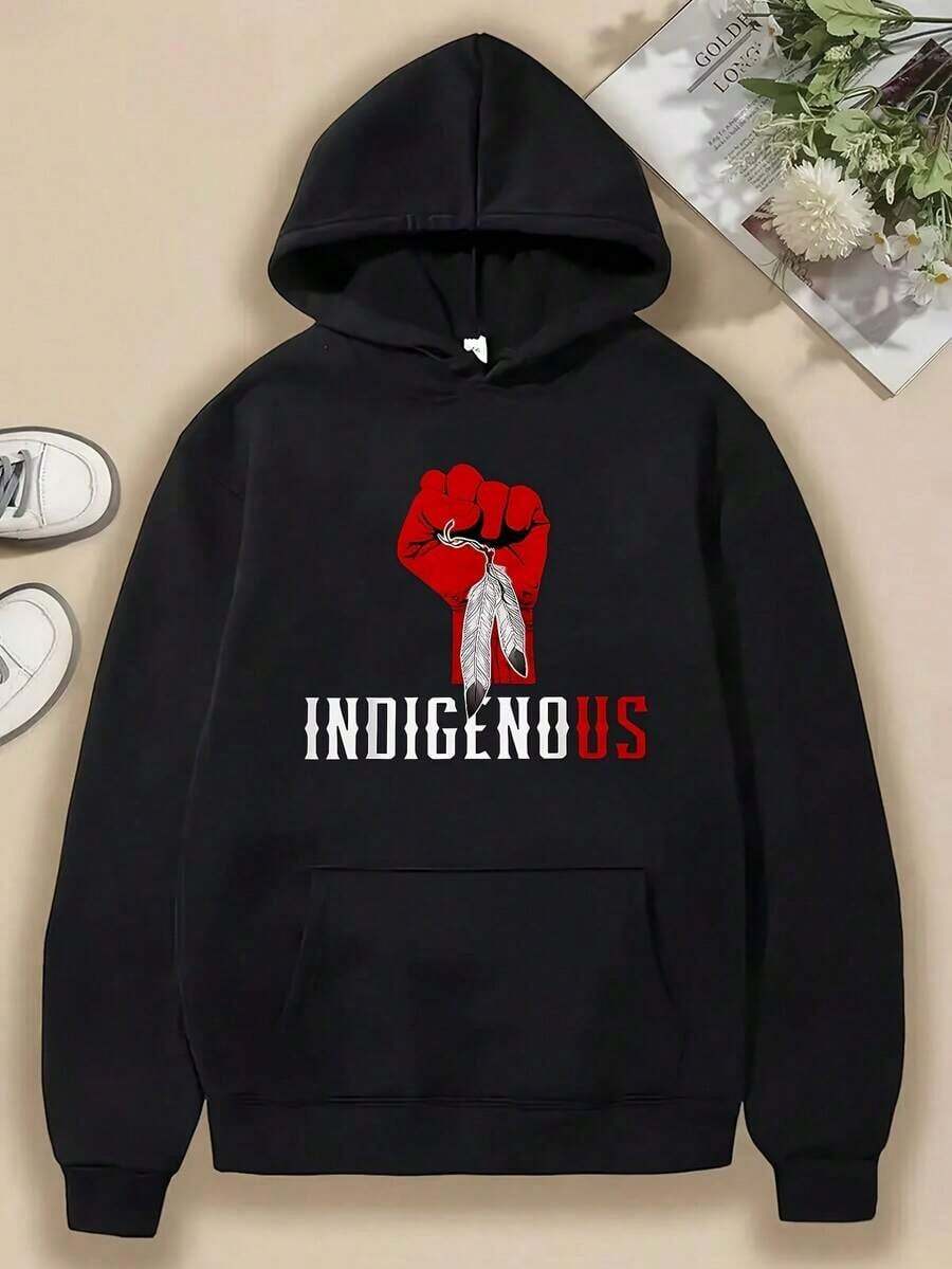 Compatible With 1 Men's Heavyweight Hoodie - Indigenous Inspired Graphic Print With Feather Design, Black With Red And White Lettering, Front Pocket, Regular Fit, Casual Outdoor Sweatshirt_089 - 黑色19 - 查看 1
