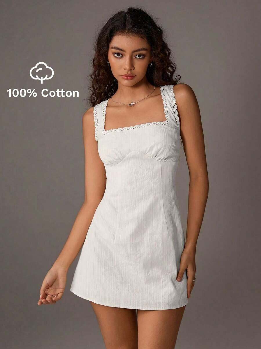 Vestido entallado de línea A con adornos de encaje floral para primavera/verano - Blanco - Ver 1