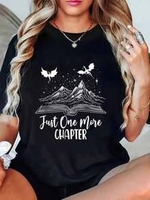 Plus Size - Women's Plus Size Black T-Shirt With Mountain And Book Graphic Print - "Just One More Chapter" Design, Casual Crew Neck, Short Sleeve, Stretch Fabric, Perfect For Spring And Summer, Casual T-Shirt | Mountain Book Print | Stretch Fabric T-Shirt - 黑色 - 查看 1
