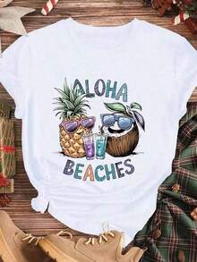 Elegant And Casual Women's Short-Sleeved Summer Top With A Pineapple And Coconut Print, Perfect For An Aloha Beach Getaway. Features Sunglasses And Drinks. Ideal As A Gift. This Women's Top Is Stylish, Boho Chic, And Soft, Breathable, And Comfortable, Making It Perfect For Spring, Summer, And Fall. Ideal For Vacations, Travel, And Everyday Wear. - 白色的 - 查看 2