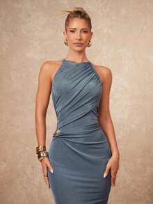 xheLumalex Vestido ajustado con cuello redondo, fruncido y decoración metálica cruzada para mujeresxhe - Lavado ligero - Ver 4
