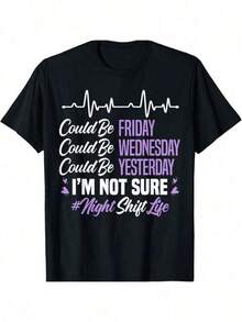 Night Shift Life Cemetery Worker T-Shirt, 100% Cotton, Crew Neck, Casual Geometric Pattern Top For Adults, Regular Fit Knit Fabric, Ideal For Sports And Everyday Wear, Four Seasons - Black - 黑色 - 查看 1
