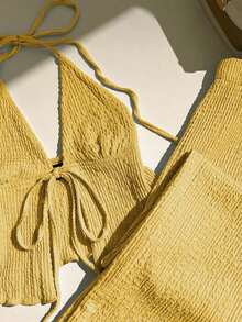 xheElamini Conjunto de top halter plisado de tela texturizada y pantalones anchos de pierna anchaxhe - Amarillo 2 - Ver 3