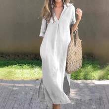 Women's Summer Bestseller Dress With Side Slits, V-Neck, 7/8 Sleeves, And Pleated Bust - 黑色 - 查看 7
