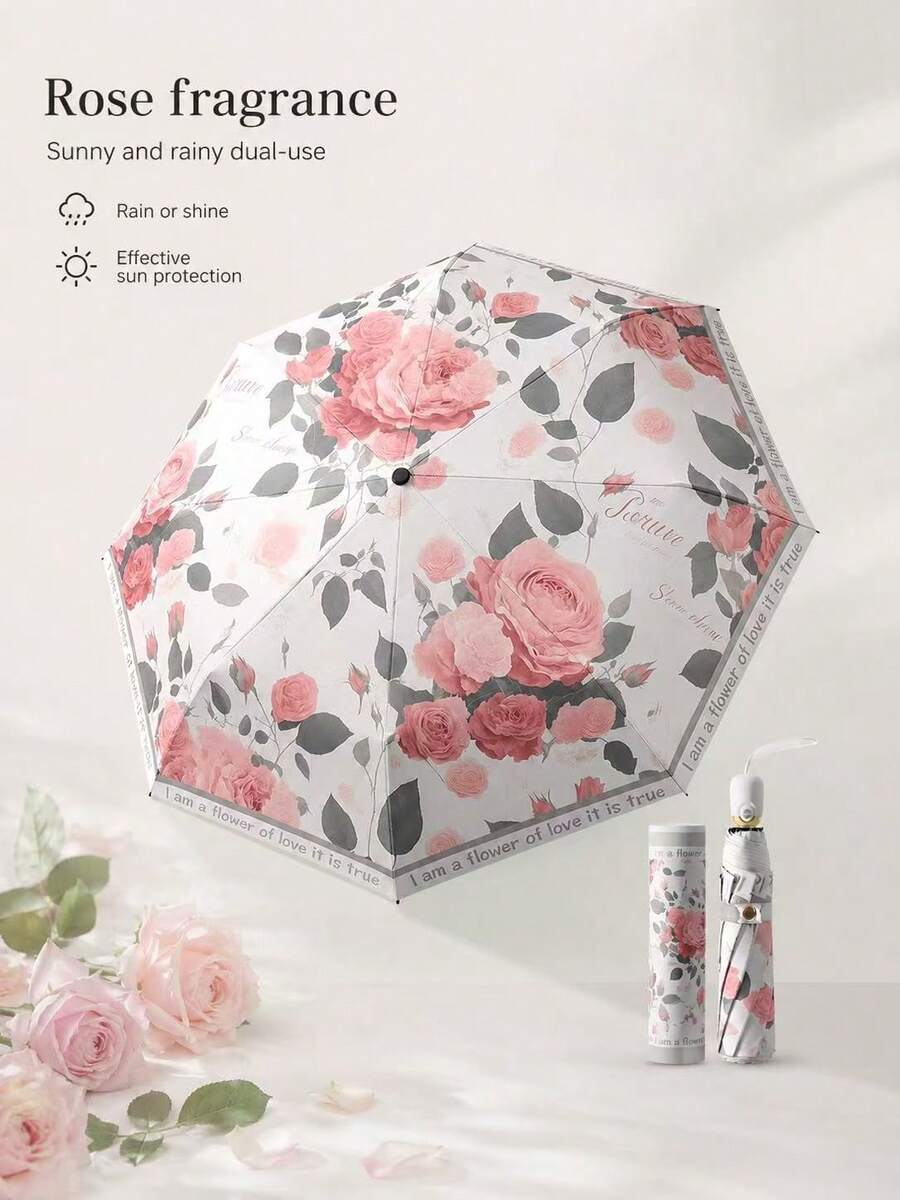 1件花卉圖案自動折疊傘,橡膠手柄易抓握耐用便攜傘,中性款,浪漫玫瑰印花自動折疊傘女款,防紫外線防風便攜旅行雨傘,優雅花卉遮陽傘,適合女孩與女性的禮物 - 多色 - 查看 1