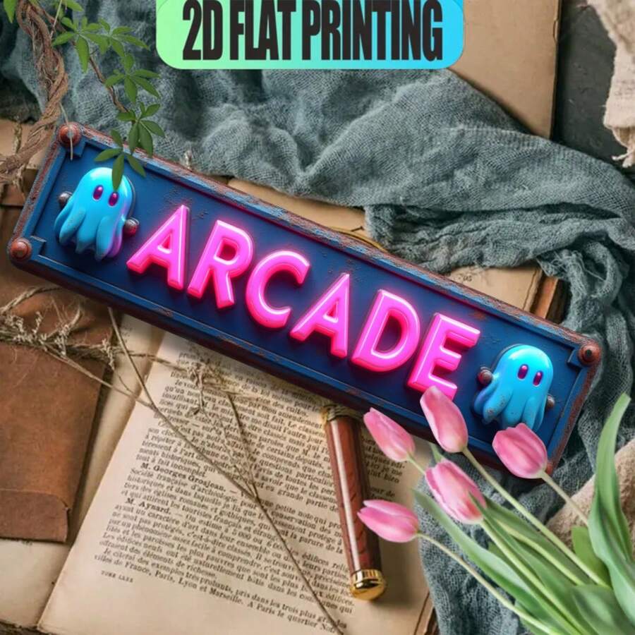10.16*40.64cm Long Strip 2D Flat Neon Arcade Aluminum Sign, Simulated Neon Retro Gaming Metal Decorative Plaque, Pre-Drilled Holes, Weather-Resistant Indoor/Outdoor Use, Suitable For Game Room, Bar, Garage, Store Wall Decor, Retro Gaming Atmosphere Ornament, Niche Gift For Men's Birthday, Housewarming, Retro Gaming Party, Christmas, New Year's Eve Party