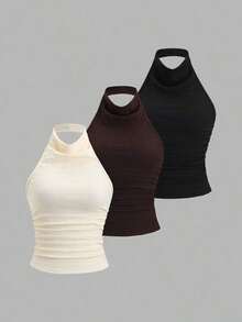 Nuevo conjunto de 3 piezas europeo y americano con diseño texturizado, escote pronunciado y espalda descubierta, ajustado y estilizado, para uso casual diario, citas, trayectos, versátil para mujeres - Multicolor 3 - Ver 9