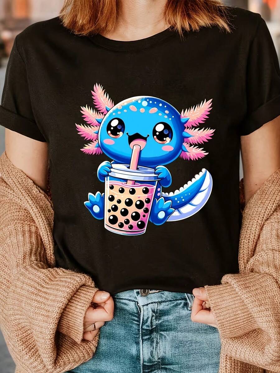 Camiseta de Mujer con Estampado de Suricata y Té Boba - Azul, Estampado de Letras de Suricata, Manga Corta, Cuello Redondo, Ropa Casual de Primavera/Verano, Camiseta Negra - Negro - Ver 1