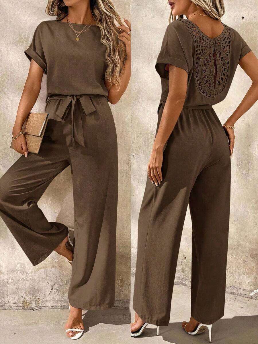 Clasi Mono de verano de unicolor con cuello redondo y manga corta, con adorno floral - Café integral - Ver 1