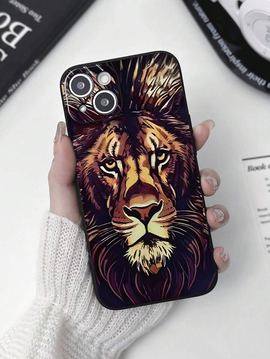 1 pieza Funda de teléfono mate negra con estampado de león compatible con Apple 17, AIR, 17PRO, 17E, 17PROMAX, 16promax, 16E, 15promax, 15, 15PRO, 15PLUS, 14PLUS, 14promax, 14, 14PRO, 13promax, 13PRO, 13, 13mini, 12, 12mini, 12pro, 12promax, 11 Pro Max, 11pro, 11, XS Max, X, XR, 8, 7, Plus, a prueba de golpes, adecuada como regalo de cumpleaños, novia, novio o para uso personal - Multicolor - View 1