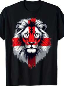 Lion Face T-Shirt With England Flag St. George, 100% Cotton, Perfect Halloween Or Christmas Gift For Men And Women - 黑色 - 查看 1