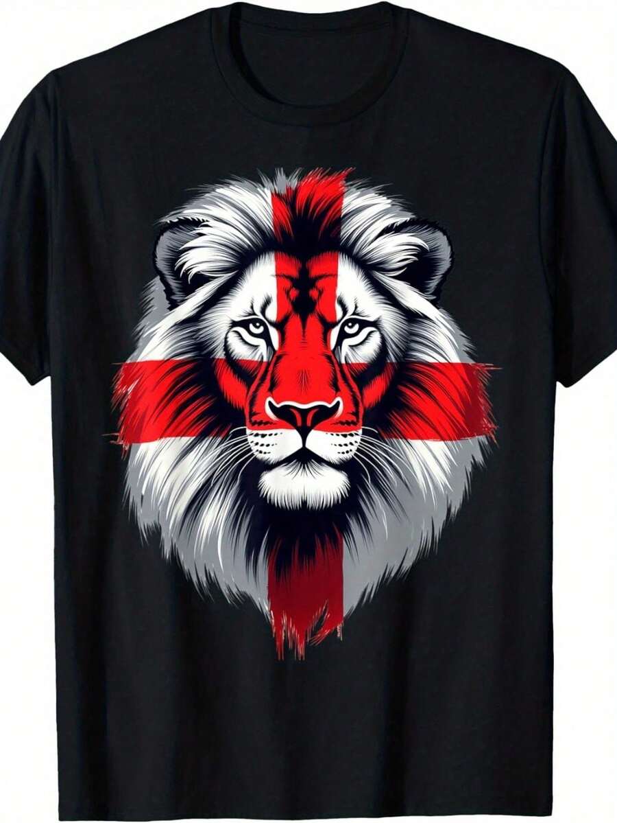 Lion Face T-Shirt With England Flag St. George, 100% Cotton, Perfect Halloween Or Christmas Gift For Men And Women - 黑色 - 查看 1