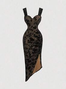xheSHEIN MOD Vestido elegante de mujer con malla de terciopelo con estampado floral y abertura, Vestido negro de graduación, Vestido de mujer, Vestido de bruja, Vestido de vampiro, Vestidos elegantes de mujer, Atuendo del Día de los Muertos, Góticoxhe - Albaricoque - Ver 5