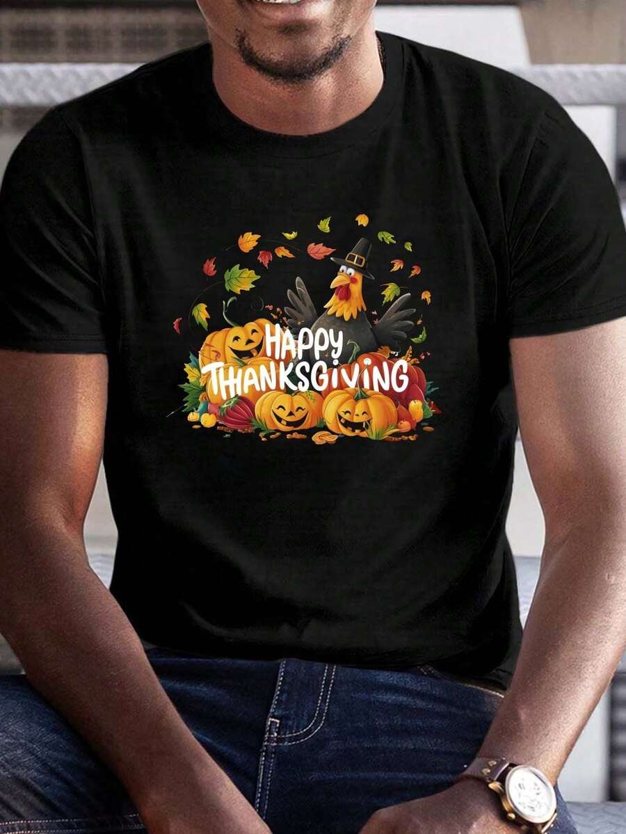 Men's Plus Size Summer T-Shirt, Short Sleeve T-Shirts With Whimsical Thanksgiving Scene Graphic Print, Casual Tops For Everyday Life, Big And Tall Guys - 黑色 - 查看 1