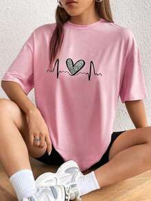 The Hottest Item Of The Summer: Pure Cotton T-Shirt, Crew Neck T-Shirt With Heart Print, Graphic Tees With Cheetah Print For Women, Stylish Pure Cotton T-Shirt. Stylish, Popular, Party T-Shirt. - 粉色 - 查看 2