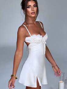 Women's Satin Slip Dress Lace Trim Bustier Mini Dress Spaghetti Strap Sweetheart Neckline Ruched Bust Front Tie Cutout Side Slit Bodycon Chemise For Lingerie Nightwear Bridal Honeymoon  Club Party Styling - 白色 - 查看 3