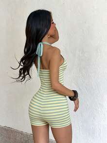 Daleeva Women's Summer Jumpsuit, Striped Halter Neck Jumpsuit, Casual Style, Suitable For Dates, Gatherings, Vacations, Beach And Other Occasions - Yellow (multicolored) - View 5