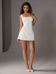 Vestido entallado de línea A con adornos de encaje floral para primavera/verano - Blanco - Ver 3