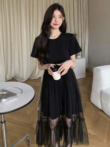 Vestido midi de verano de cuello redondo con manga corta y contraste de malla para mujeres - Negro - Ver 3