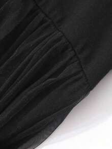 Vestido midi de verano de cuello redondo con manga corta y contraste de malla para mujeres - Negro - Ver 9