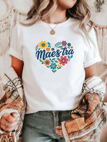 Women's Short-Sleeved T-Shirt With A Heart And Flower Print, "Spanish Teacher" Style. New For Summer: 100% Cotton Crew Neck T-Shirts. - 白色 - 查看 1