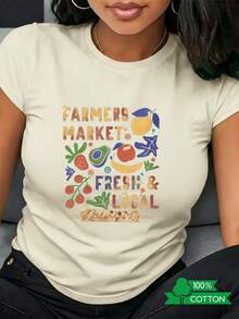 New 2026 Collection: Cotton T-Shirt With Anime Letter Print, Women's Round Neck T-Shirt With A Simple Design, Comfortable And Breathable, Suitable For Casual Daily Wear, Showcasing A Refreshing Summer Style, A Must-Have For Parties, Local Shipping, With The Text FARMERS MARKET And LOCAL. Lightweight Cotton. - 杏色 - 查看 1