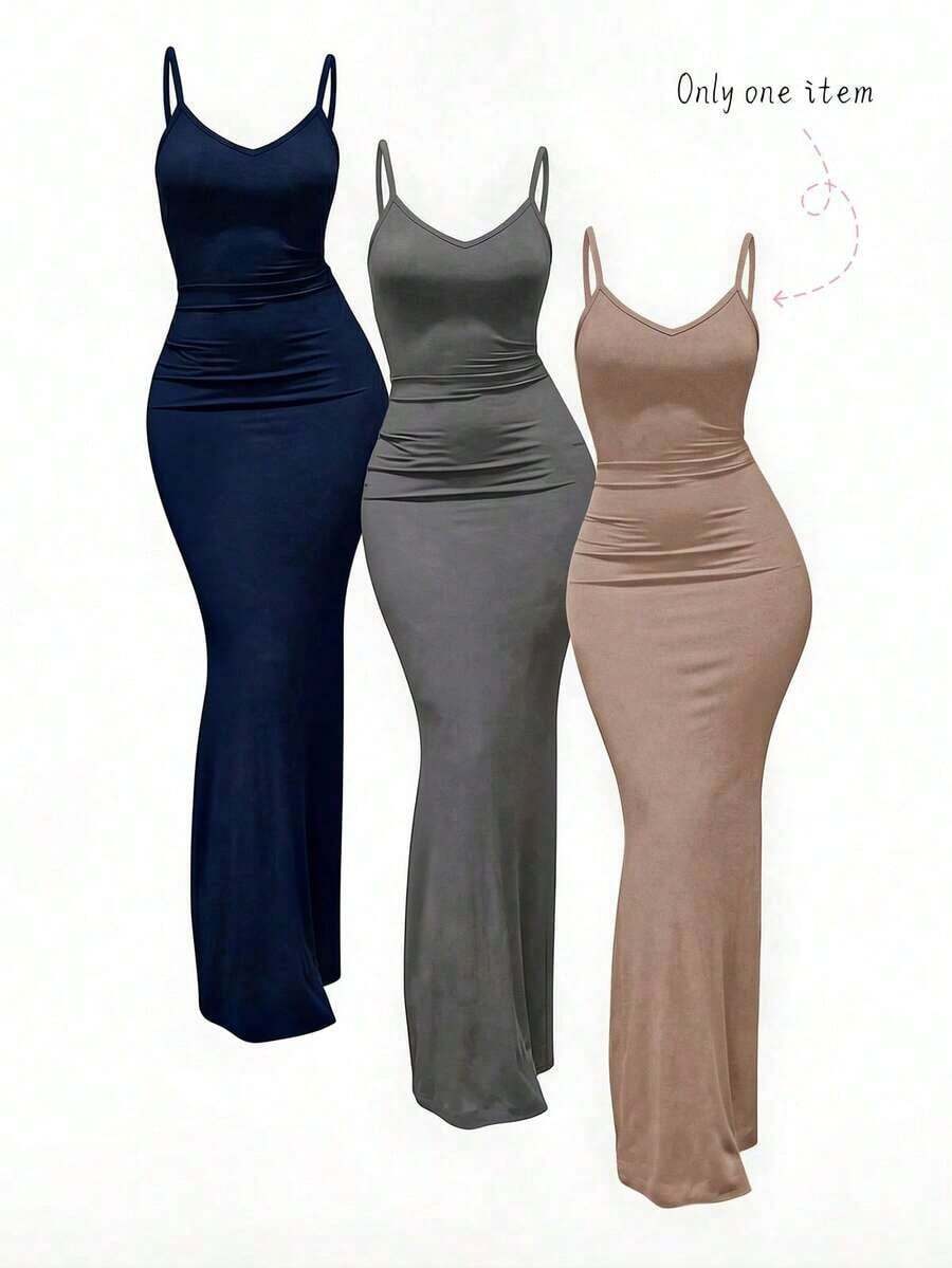 1 pieza Vestido de punto largo elegante y entallado sin mangas color albaricoque, vestido de fiesta formal con tirantes de espagueti - Caqui - Ver 1