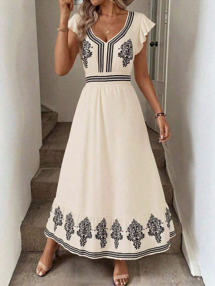 xheEasowa Vestido Maxilargo con corte A, mangas acampanadas fruncidas, cintura ceñida y volante en el dobladillo con estampado de leopardo vintage. Vestido informal, elegante para vacaciones y salidas para mujeres, vestido de estampado de leopardo, vestidos de sol para mujeresxhe - Multicolor - Ver 1
