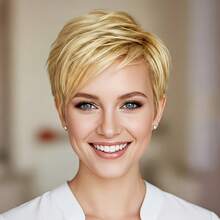 Women's Human Hair Short Wig, Brown With Gold, Style, Layered, With Bangs, No Glue No Front Band, Fully Machine Woven, Easy To Wear - Multicolor - View 15