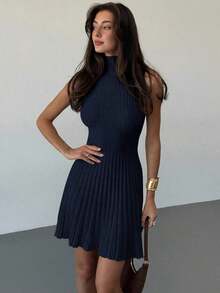 AYYAloruh Vestido de punto acanalado de línea A sin mangas con cuello mínimo para mujerAYY - Azul marino - Ver 4