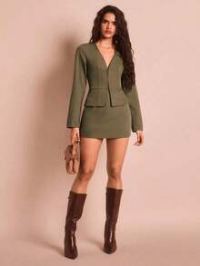 AYYSHEIN Glamour Conjunto elegante y sexy de blusa de cuello en V profundo de manga larga y falda mini, adecuado para mujeres profesionales, atuendo de negocios, otoño/inviernoAYY - Verde militar - Ver 7