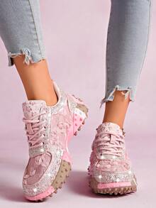 Women's Sparkly Rhinestone Floral Lace Platform Sneakers, Pink Lace-Up Non-Slip Casual Shoes - Pink - View 3